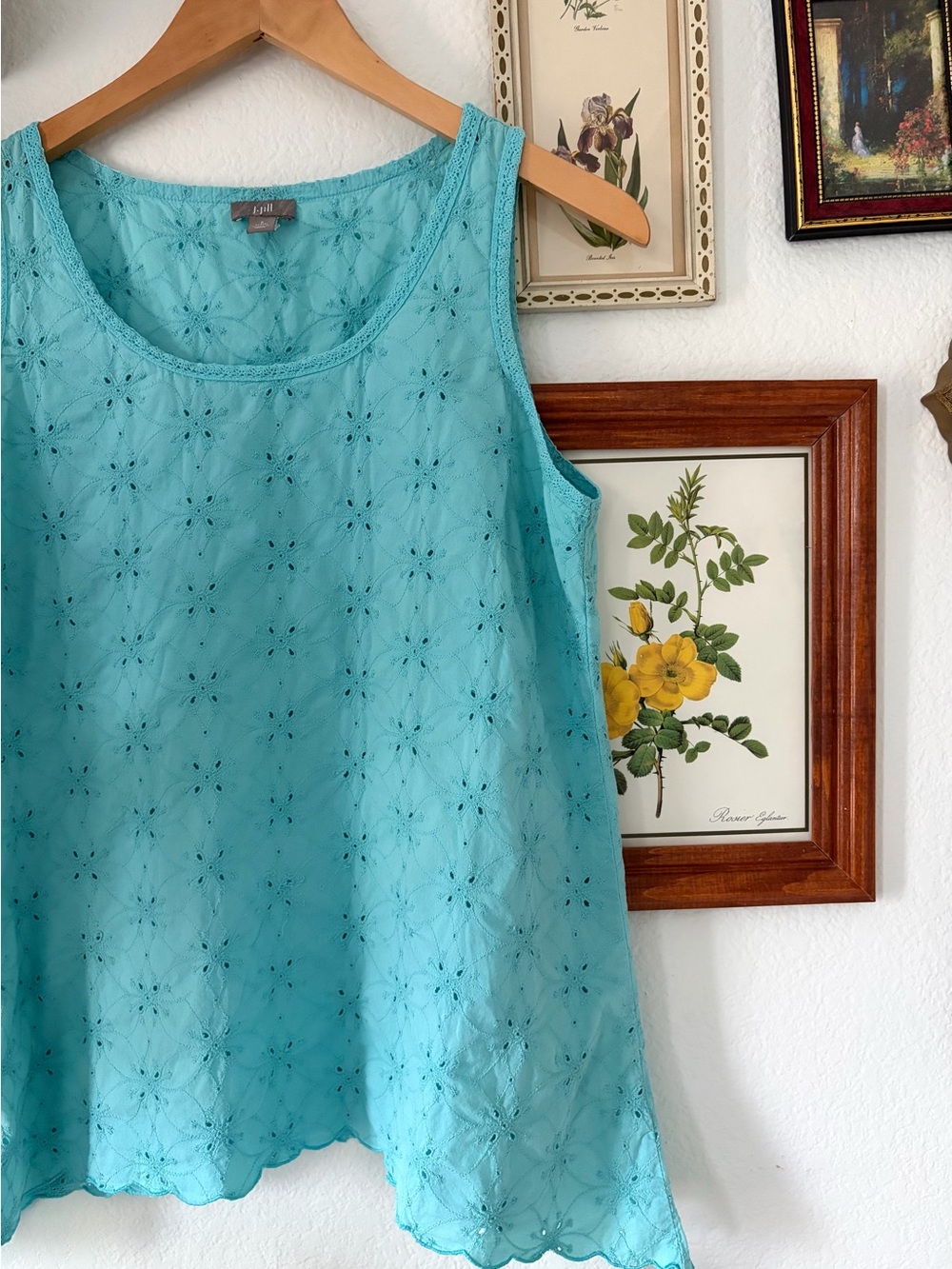 J. Jill Teal Blue Eyelet Cotton Tank Top Lace Trim Scalloped Hem Small